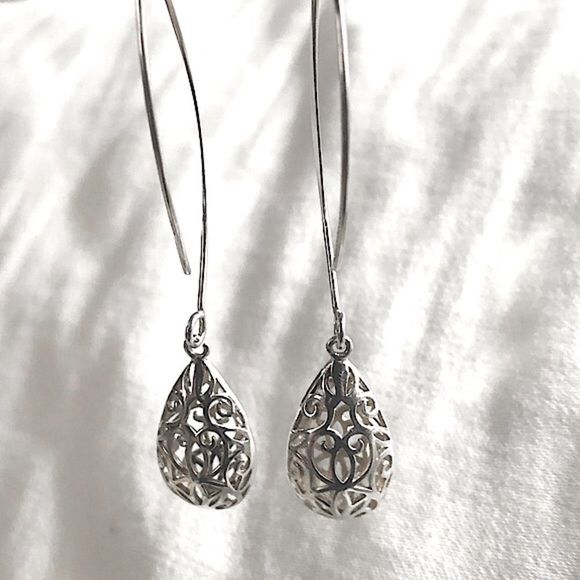VINTAGE Sterling Silver Drop Filigree Scroll Cutout Dangle Earrings - Picture 4 of 7